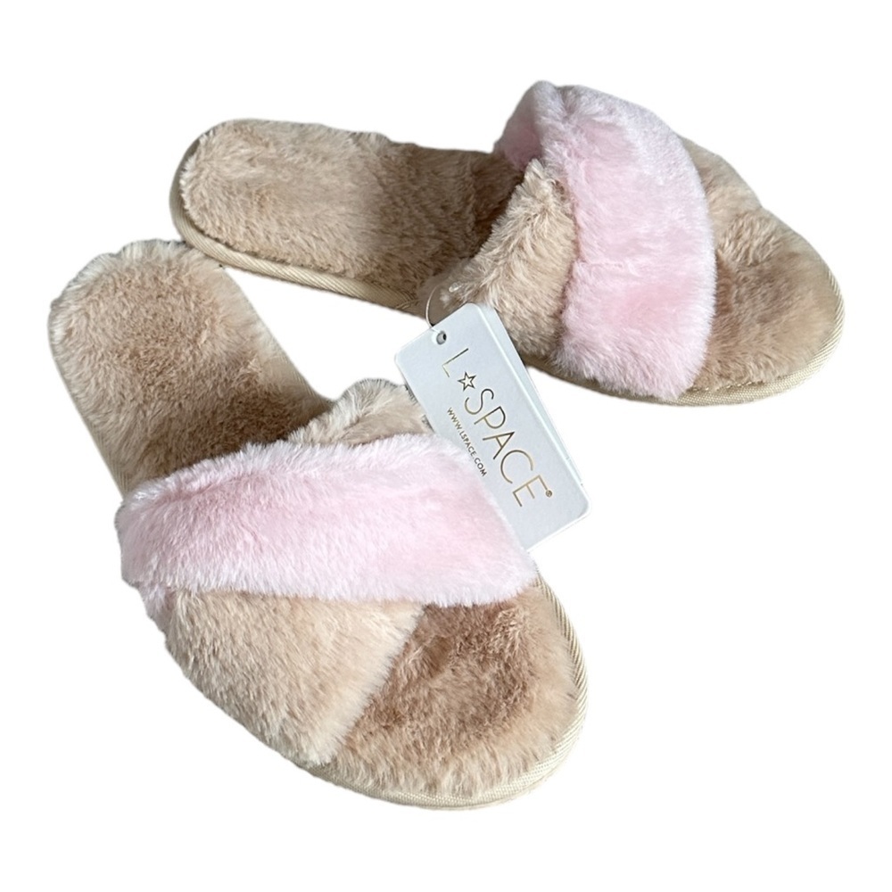 L*Space Anthro Fluffy Cloud Crisscross Slippers M/L Pink Tan NWT Cozy Plush $59